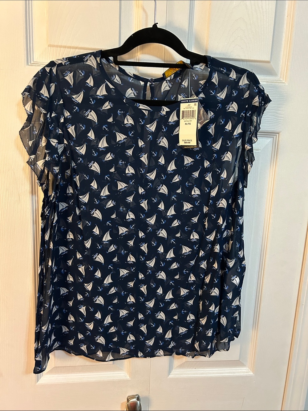 Ralph Lauren Navy and White Sailboat Print Short Sleeve Blouse